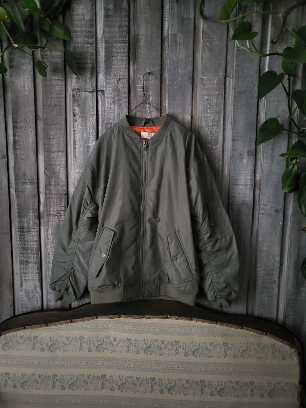 H&M Khaki Olive Green Bomber Jacket Orange Lining PTP 21" Youth 16 Fits Womens M